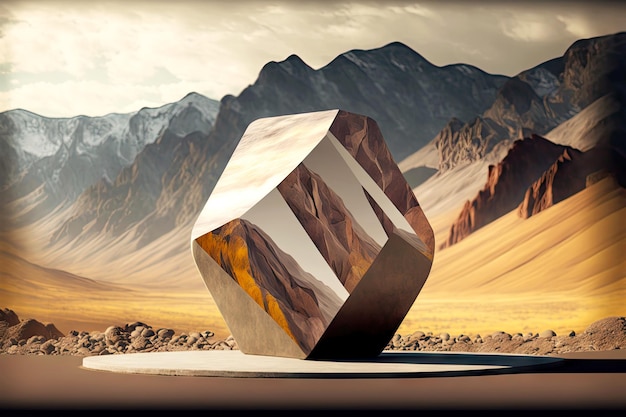 Piedra abstracta sin forma para arte 3d podiumkeytodesc sobre fondo de paisaje de montaña marrón gris