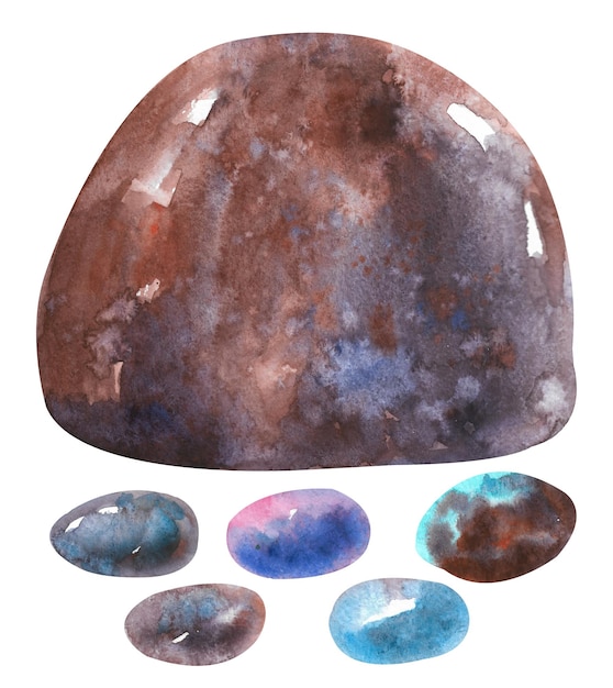Piedra de acuarela Una gran piedra oscura y pequeños guijarros sobre un fondo blanco.