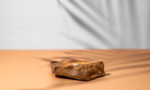 Piedra beige sobre un fondo naranja con una sombra de una hoja de palma