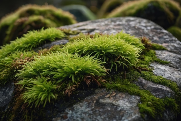 La piedra del bosque cubierta de musgo en la luz suave