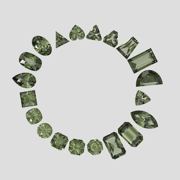 Piedra de color actinolita en todas las formas de gemas 3D render