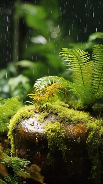 una piedra cubierta de musgo con gotas de lluvia