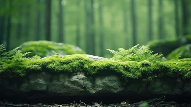 Una piedra cubierta de musgo verde en el bosque como maqueta de producto