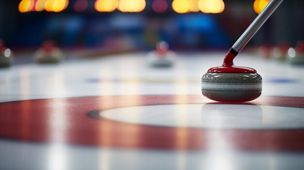 Foto piedra de curling en el hielo de una pista de patinaje interior