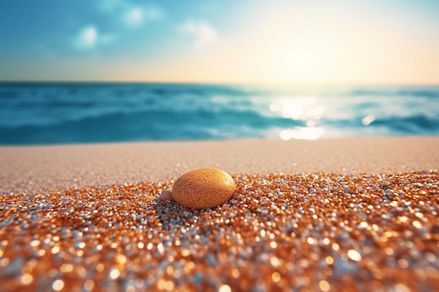 Una piedra dorada en la playa con el mar de fondo