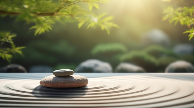 una piedra en equilibrio sobre un objeto circular en el bosque