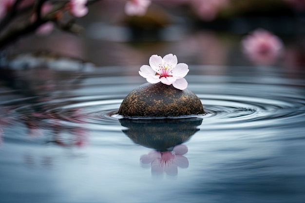 Una piedra con una flor está rodeada de agua.