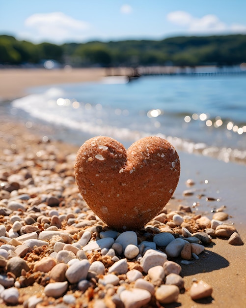 Piedra en forma de corazón en la playa con el mar en el fondo concepto de amor