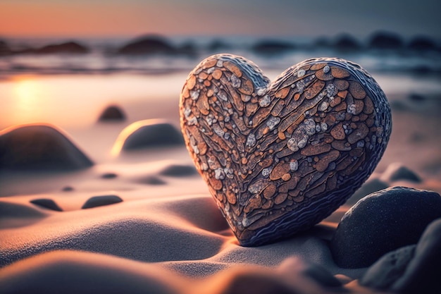 Una piedra en forma de corazón se sienta en una playa con la puesta de sol detrás de ella.