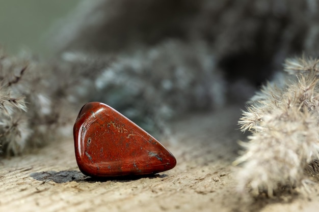 Piedra de gema caída de jaspe rojo sobre madera