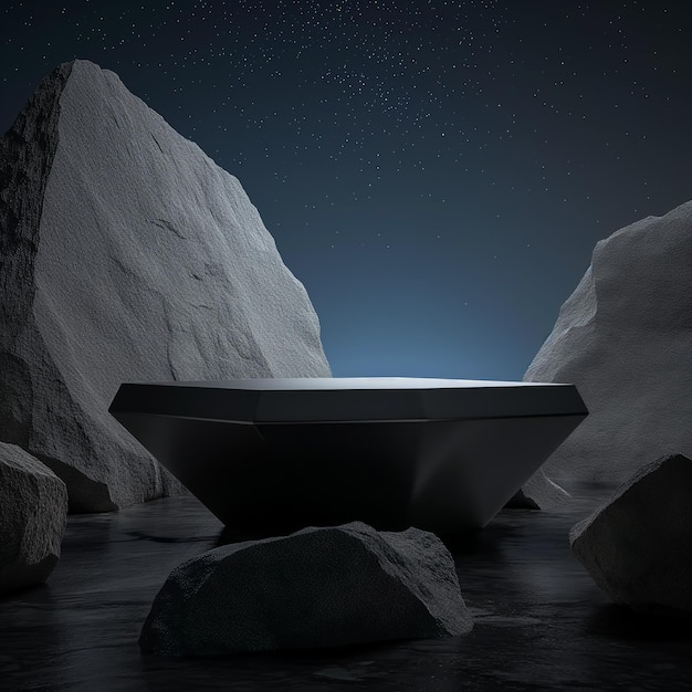piedra geométrica negra y forma de roca en el fondo del cielo nocturno maqueta minimalista para exhibición en el podio