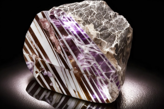 Piedra con hermosas rayas violetas blancas y cristales transparentes metafísicos.