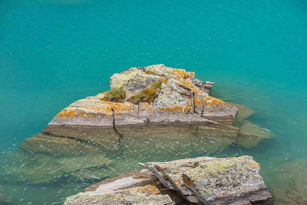 Piedra con hierba y líquenes en aguas transparentes azules del lago de montaña Fragmento de lago meditativo con roca de liquen Fondo de naturaleza escénica de relajantes ondas brillantes en aguas tranquilas de lago alpino