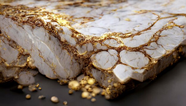 Piedra, hilos de oro líquido sobre una pieza de mármol blanco, imagen conceptual de elegancia y joyería. elegante fondo creativo para joyería.