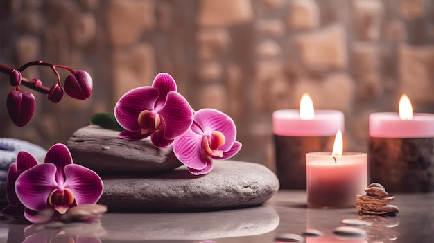 Foto piedra de masaje de spa con velas y toallas en una alfombra de bambú concepto de meditación