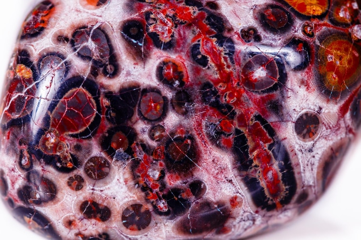 Foto piedra mineral macro jasper leopardo sobre fondo blanco