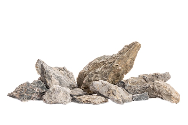 Piedra de montaña gris para el diseño de paisajes acuáticos de agua dulce aislados en el fondo blanco