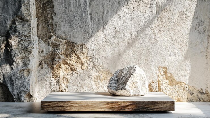 La piedra natural se sienta elegantemente en un pedestal de madera en un entorno minimalista con paredes texturizadas