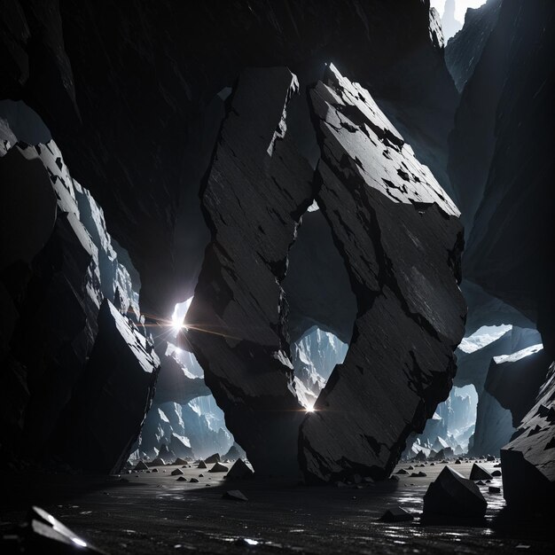 una piedra negra natural brillante y cruda rota