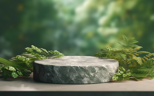 Una piedra de piedra se sienta en una mesa con una planta verde en el fondo.