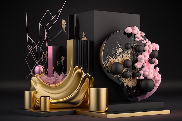 Piedra de podio abstracto de lujo con textura de cristal dorado Pedestal negro y dorado Ai generativo