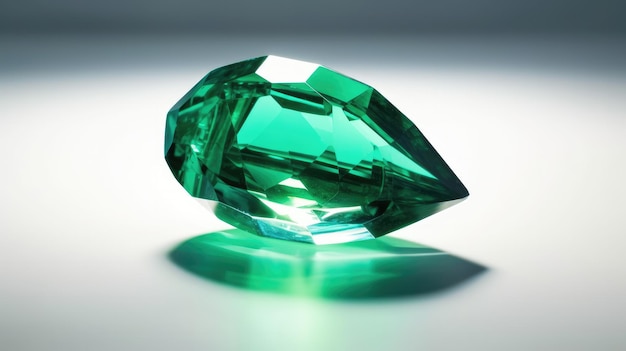 Una piedra preciosa verde se asienta sobre una superficie blanca.