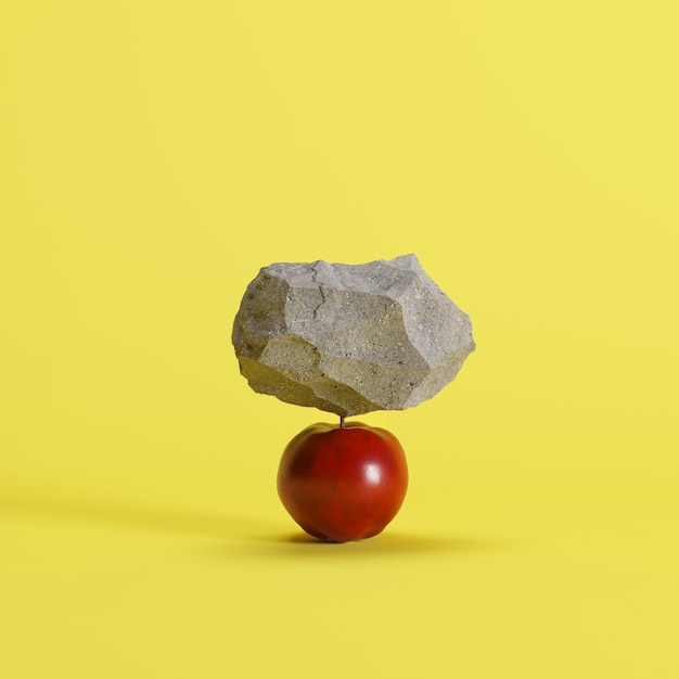 Piedra puesta en una manzana sobre fondo amarillo