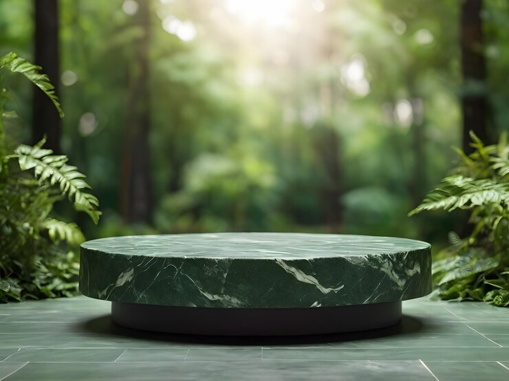una piedra redonda con un fondo verde y un objeto redondo en el medio