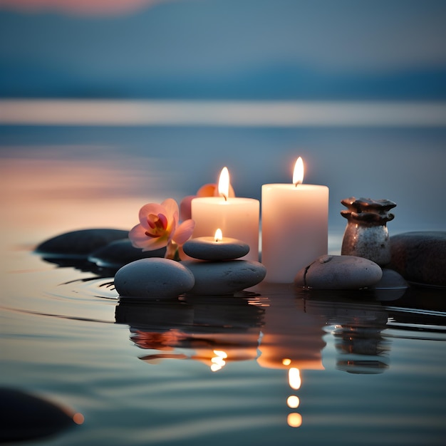 La piedra relajante y las velas por el atardecer de agua de mar detrás