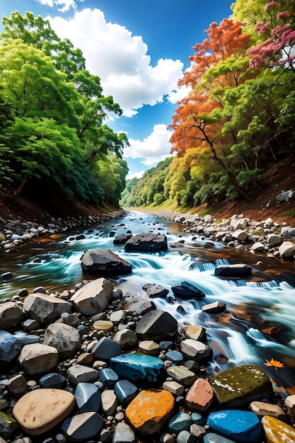 Foto piedra de río y árbol con cielo y nube río de piedra colorido y hoja de árbol en el bosque ai generado