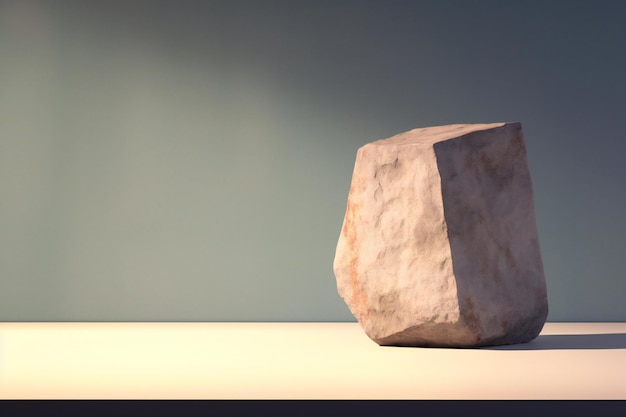 Una piedra sobre una mesa blanca contra una pared azul