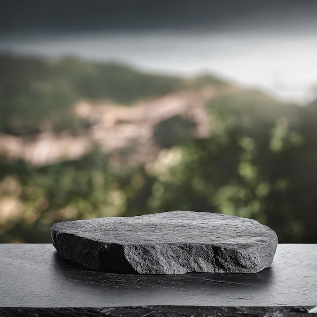 Foto piedra de superficie negra para la exhibición de productos sobre un fondo borroso