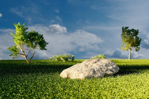 Una piedra tirada en la hierba entre los árboles verdes contra un cielo nublado 3D Render