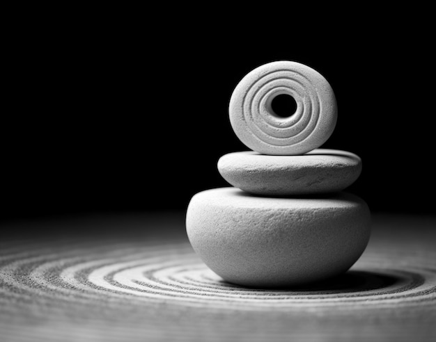 Foto piedra zen con arena en blanco y negro