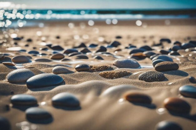 piedras en la arena con una playa en el fondo