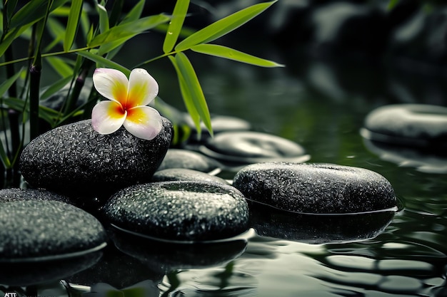 Las piedras de basalto zen y la flor en el agua concepto de jardín zen