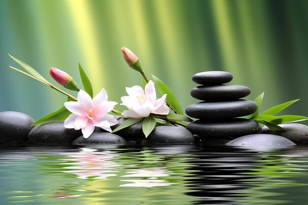 Las piedras de basalto zen y la flor en el concepto zen del agua