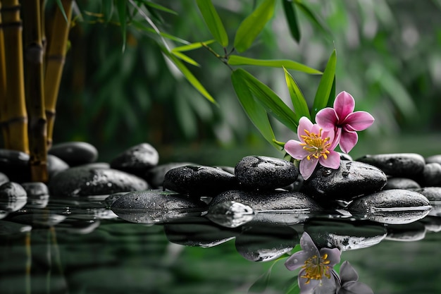 Las piedras de basalto zen y la flor rosa en el concepto de zen del agua