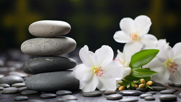 Piedras de basalto zen y flores blancas sobre fondo negro concepto de spa