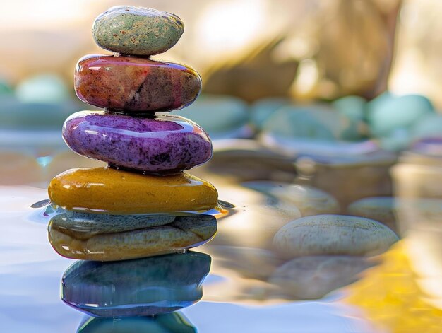 Foto piedras de colores apiladas en un entorno de agua tranquila