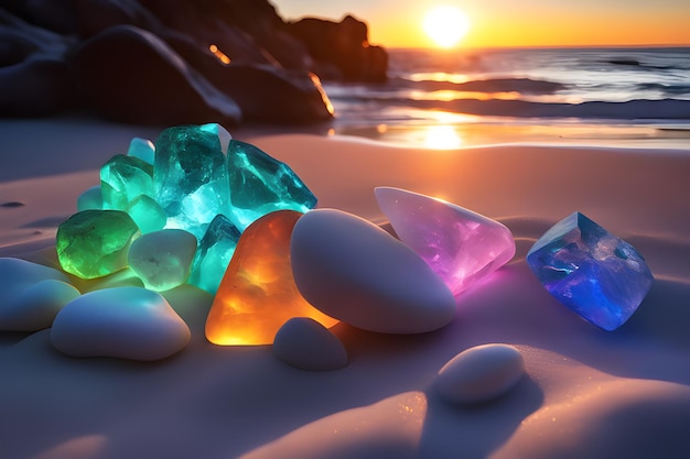 Las piedras coloridas en la playa durante la puesta de sol 3d renderización