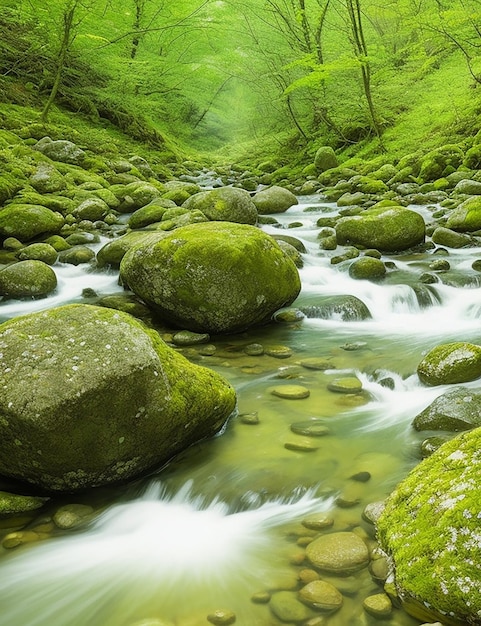 Piedras cubiertas de musgo en un arroyo de montaña