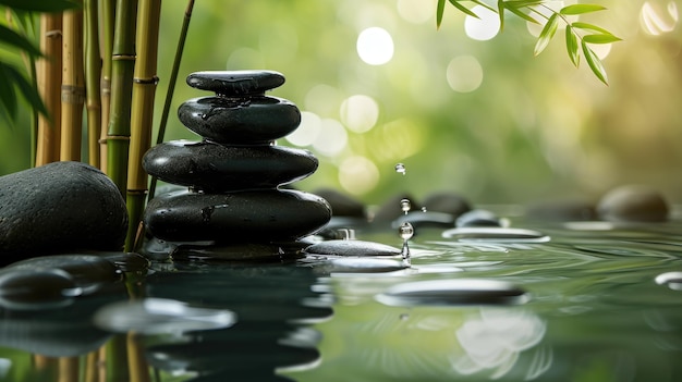 Las piedras equilibradas crean una pirámide Zen en la superficie de las aguas invocando la calma y la armonía