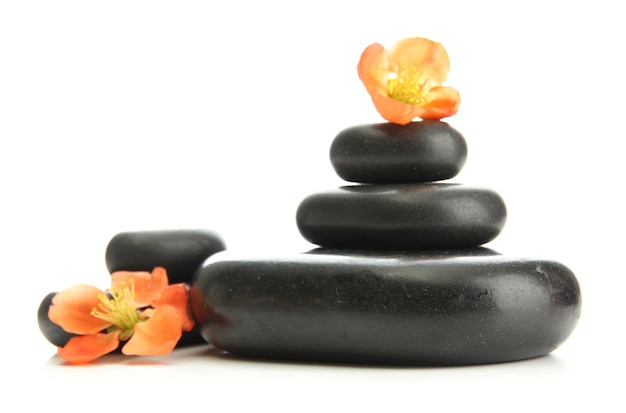 Piedras y flores de spa aisladas en blanco