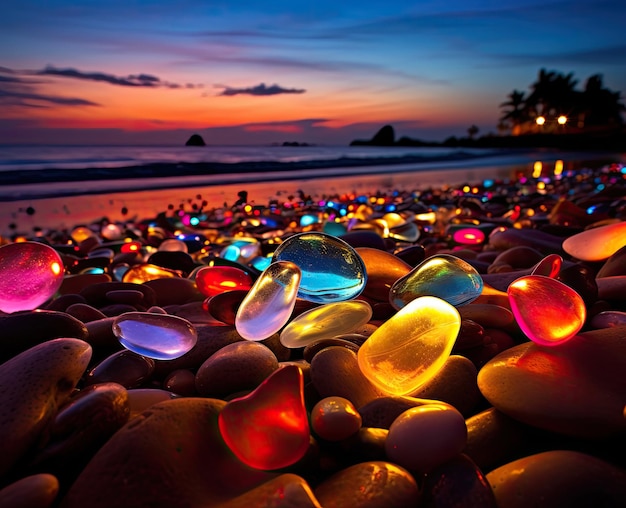 Piedras de guijarros apilados de colores neón brillantes transparentes están en la playa por la noche