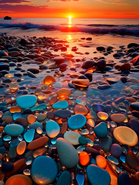 Piedras de guijarros de colores en la orilla del mar al atardecer