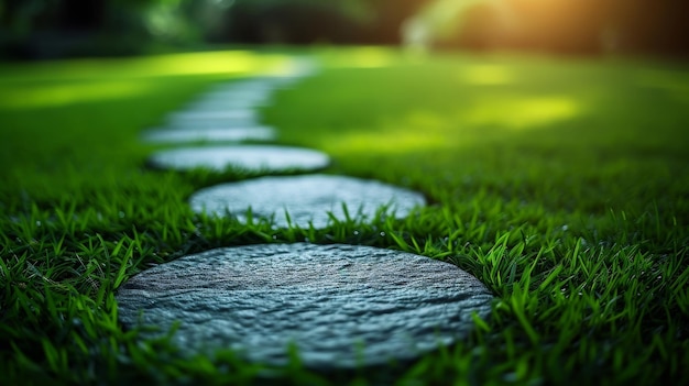 Las piedras de un jardín están intercaladas con hierba formando un camino Un jardín botánico está representado en detalle