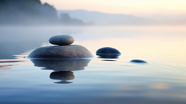 Piedras en un lago con un fondo brumoso