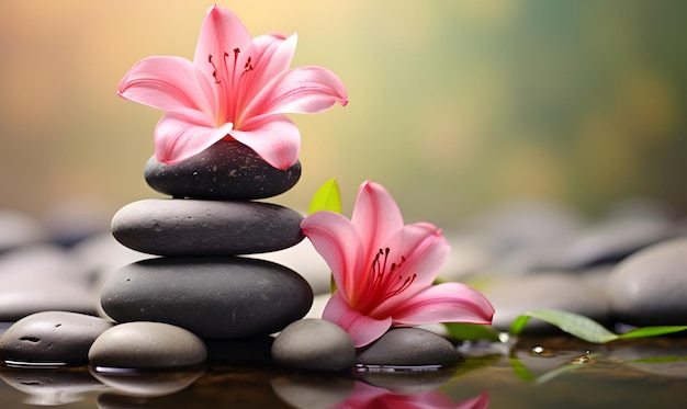 Piedras de lirio y spa en jardín zen Pila de piedras de masaje spa con flores rosas en wellne desenfocado