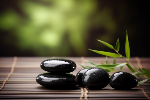 Piedras de masaje de spa en la mesa con fondo de naturaleza de bambú contenido generado por IA